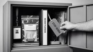 Open security cabinet with incident materials, evidence pouch, and stop-work controls in black and white