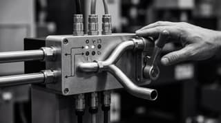 Industrial routing manifold with visible override control and supervised workflow channels in black and white