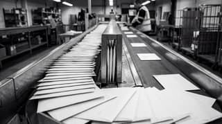 Queued work packets converging on a narrow validation gate on a black-and-white conveyor line