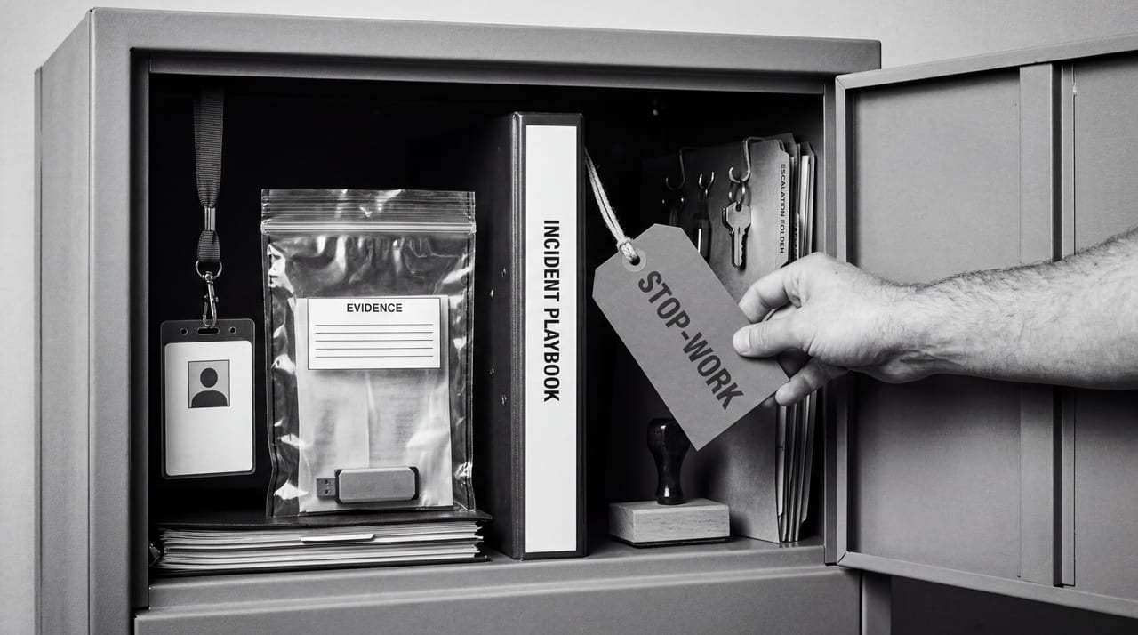 Open security cabinet with incident materials, evidence pouch, and stop-work controls in black and white