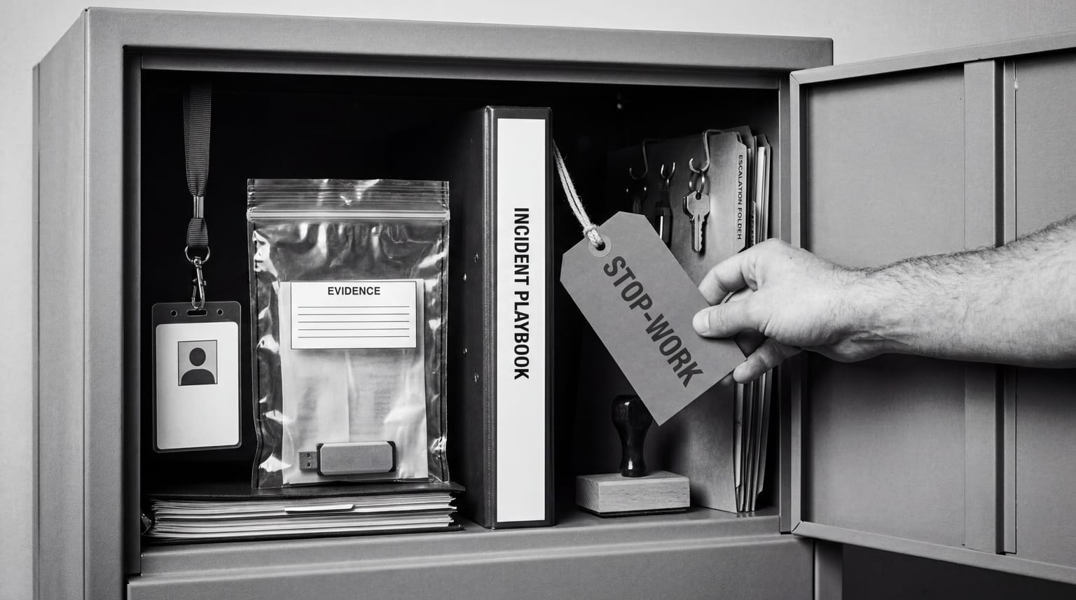 Open security cabinet with incident materials, evidence pouch, and stop-work controls in black and white