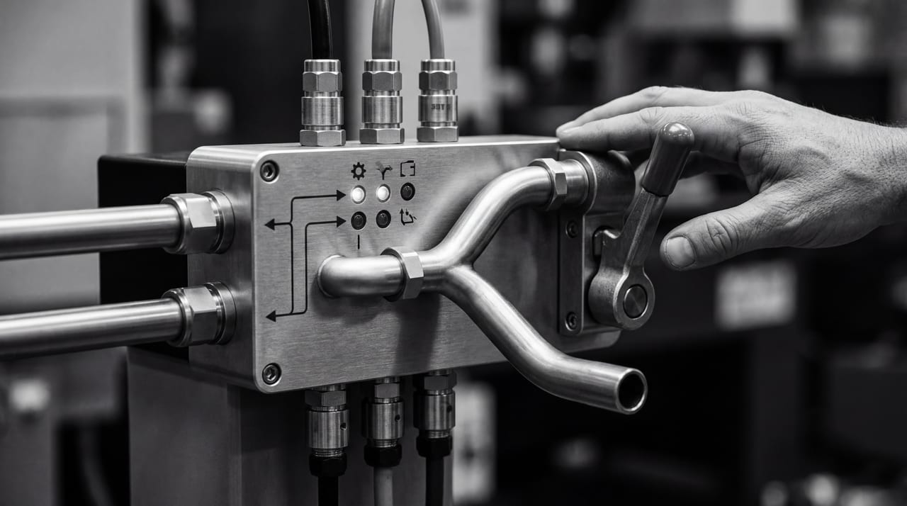 Industrial routing manifold with visible override control and supervised workflow channels in black and white