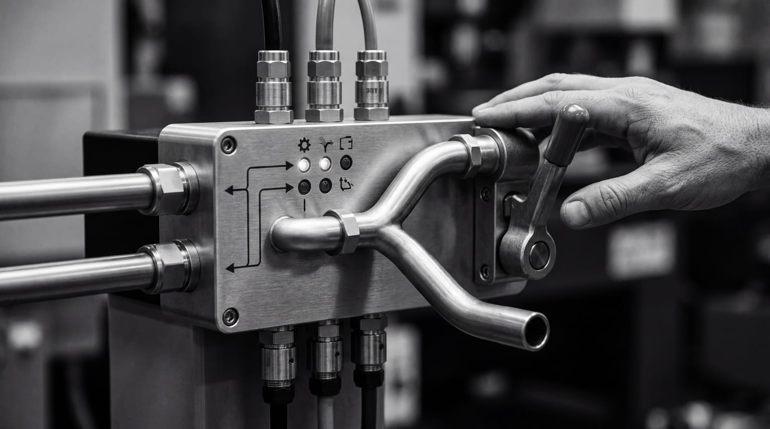 Industrial routing manifold with visible override control and supervised workflow channels in black and white