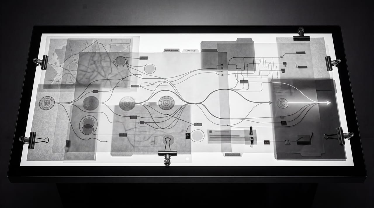 Wide horizontal forensic light table showing governed data paths and source traceability in black and white