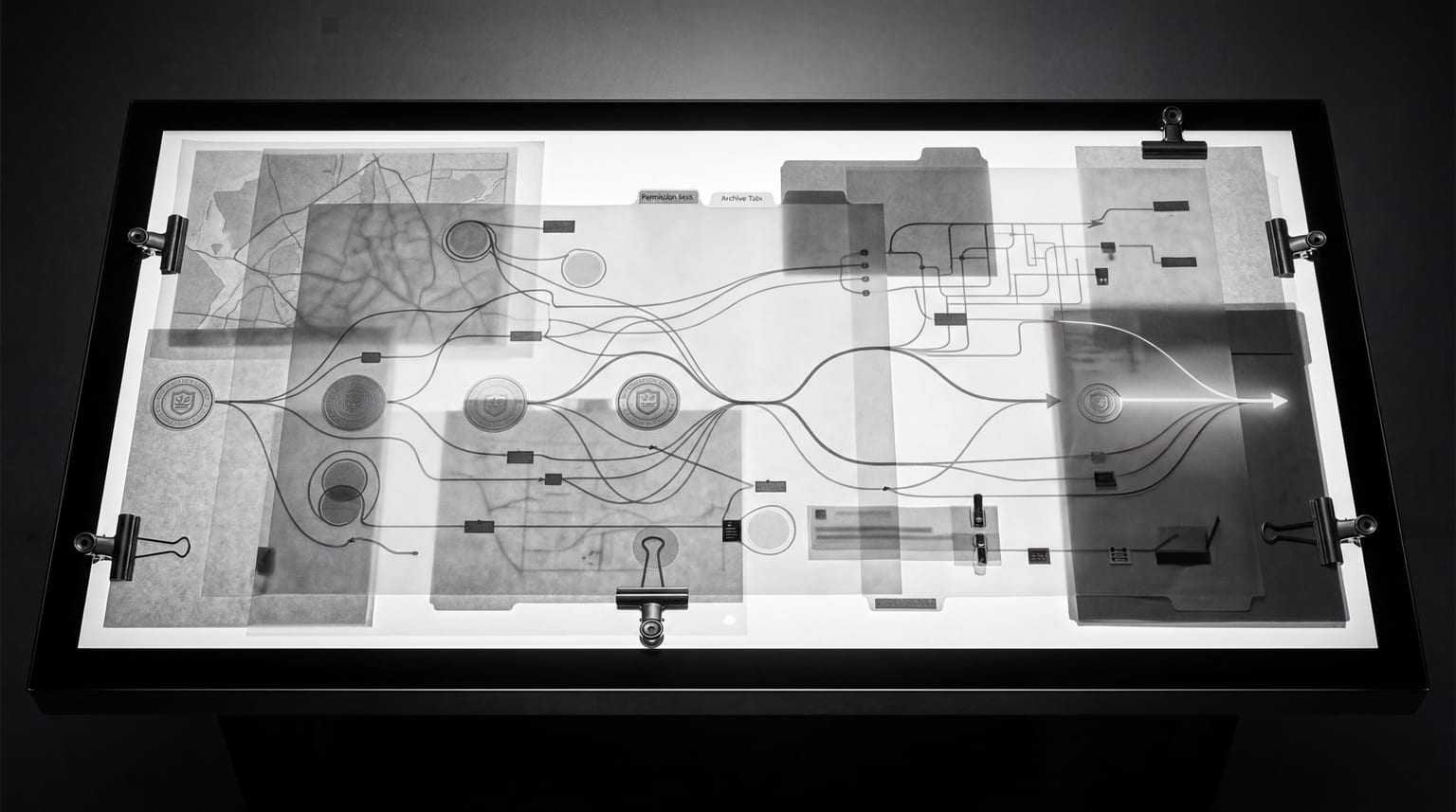 Wide horizontal forensic light table showing governed data paths and source traceability in black and white