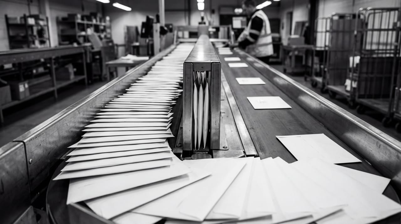Queued work packets converging on a narrow validation gate on a black-and-white conveyor line