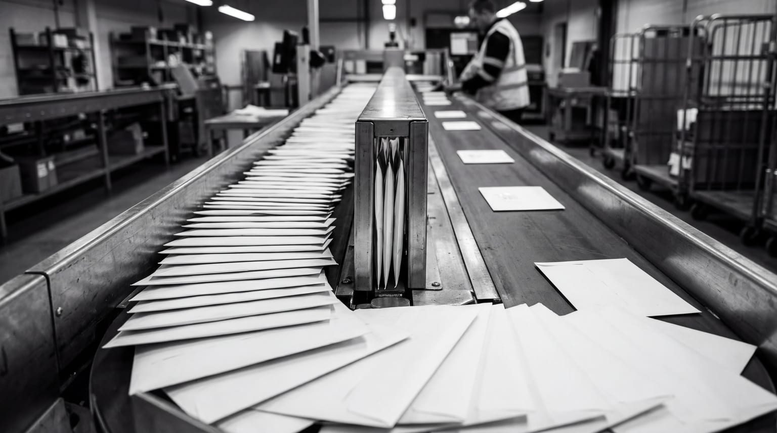 Queued work packets converging on a narrow validation gate on a black-and-white conveyor line