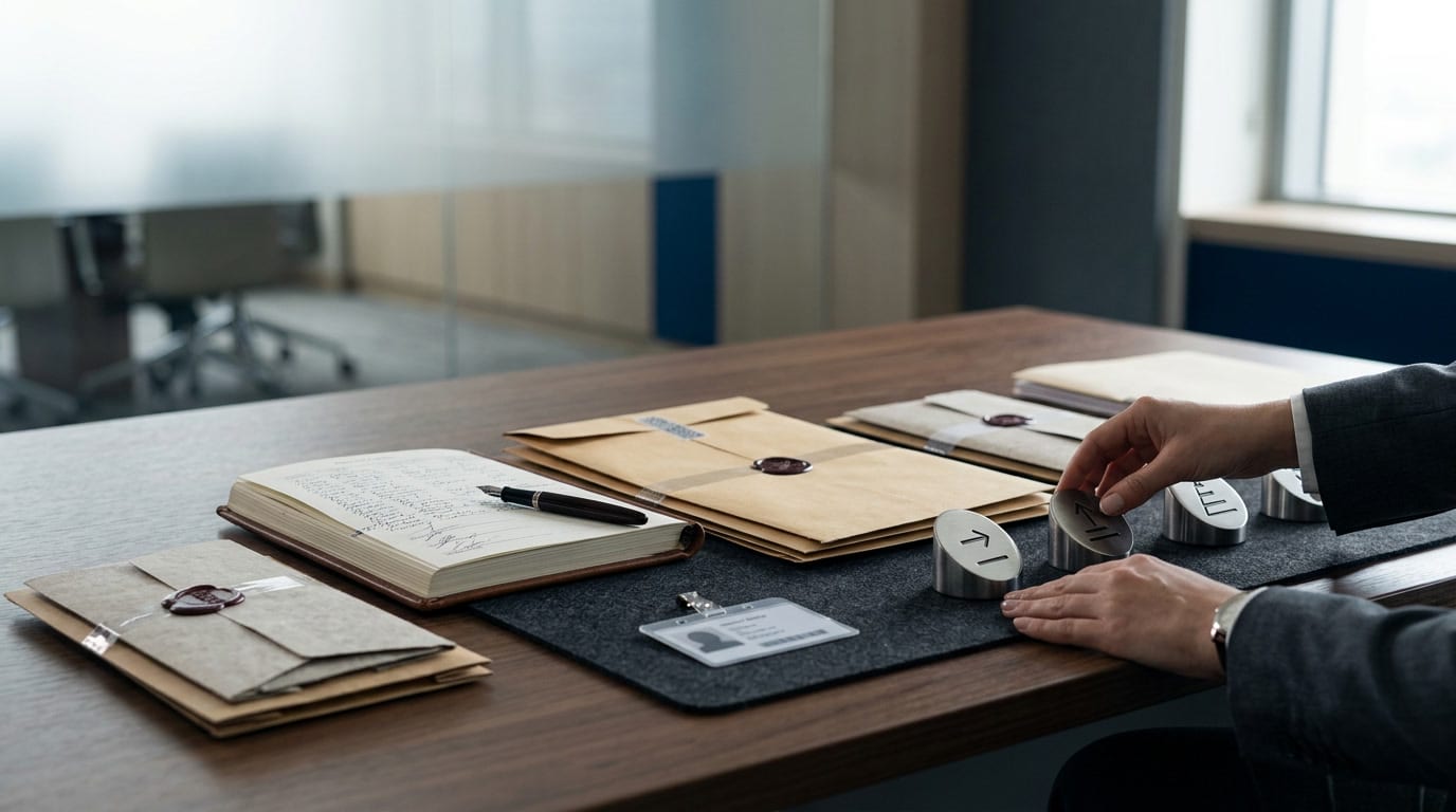 Governance review desk with sealed packets, approval markers, and security signoff materials