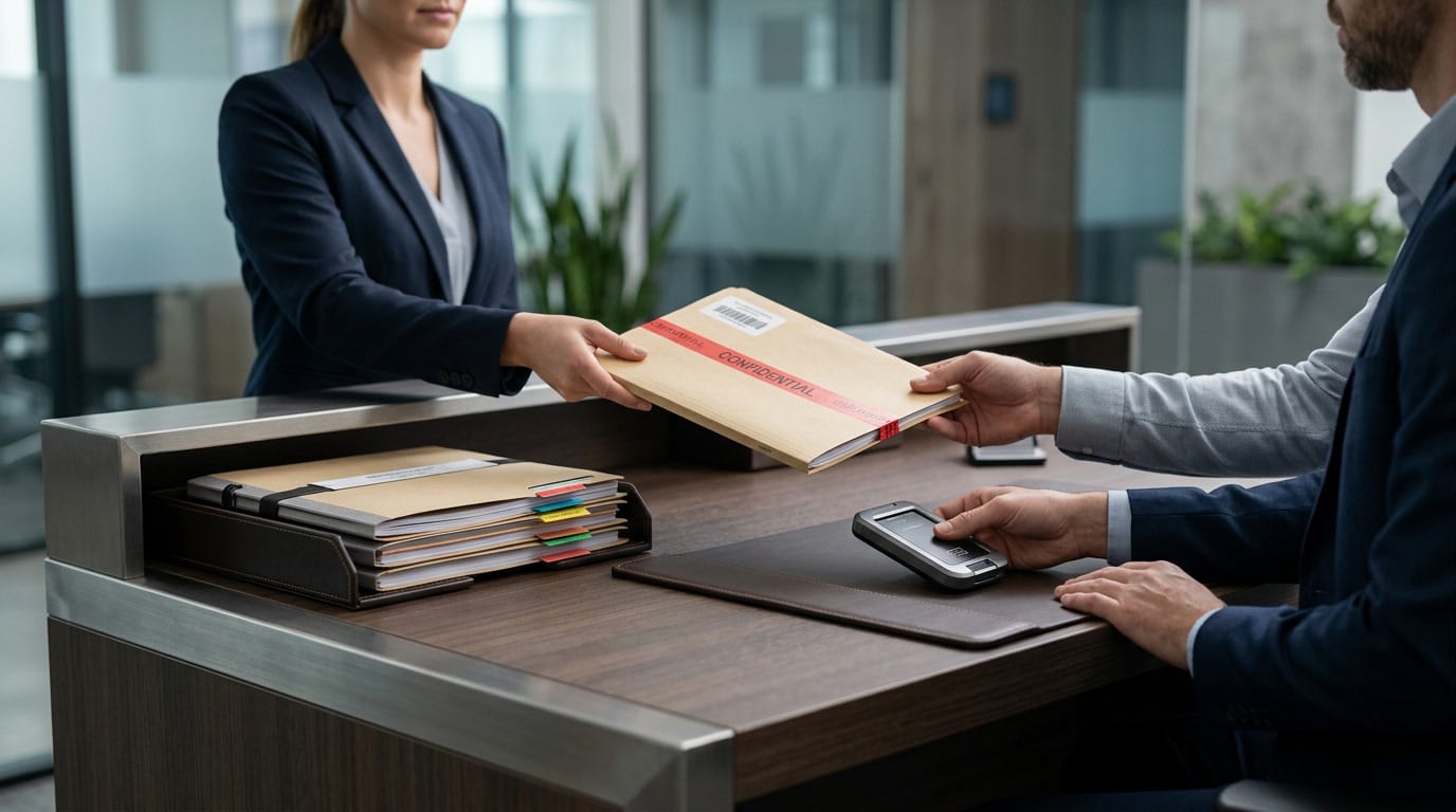Controlled access desk where an authorized file is handed off under governance controls.
