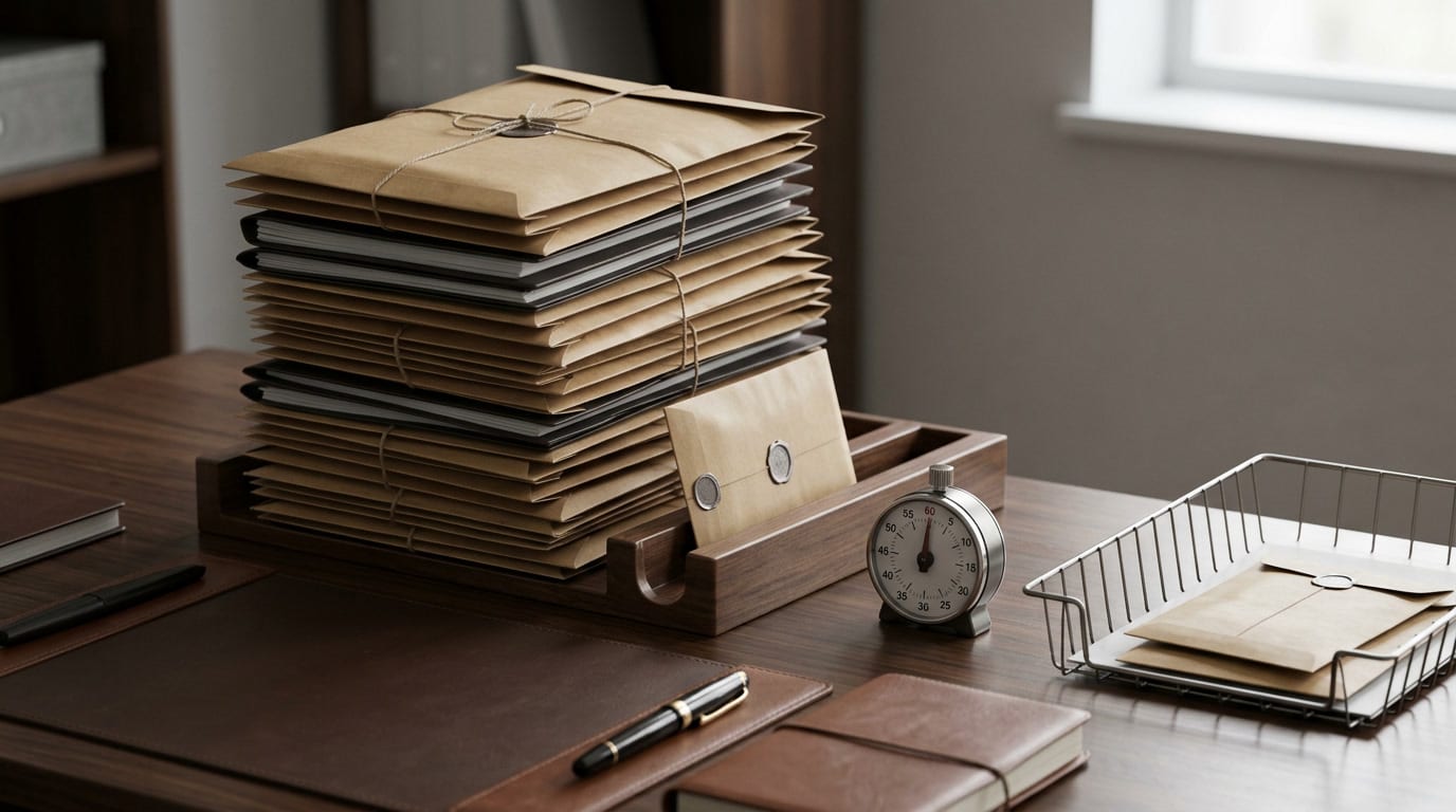 Overloaded review desk with stacked work packets, a timer, and a mostly empty completed tray.