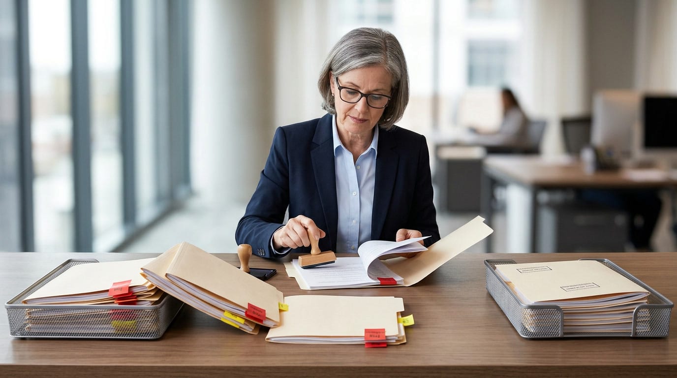 Reviewer stamping an exception file while pending and approved trays sit on the desk.