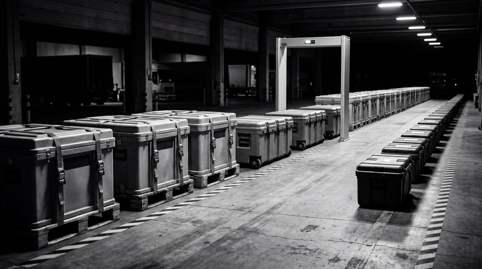 Rows of sealed deployment cases staged in a black-and-white dispatch lane