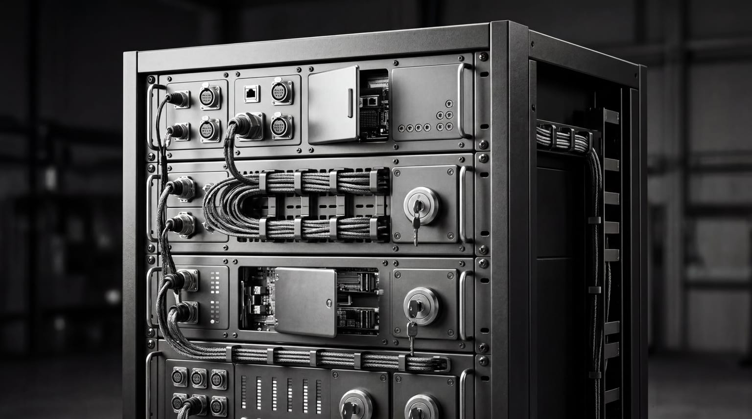 Open enterprise control rack with connectors, evaluation hardware, and secured modules in black and white