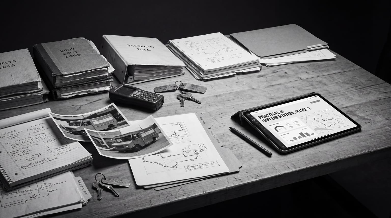 Archived binders, notebooks, photos, and a modern planning tablet arranged on a black-and-white worktable