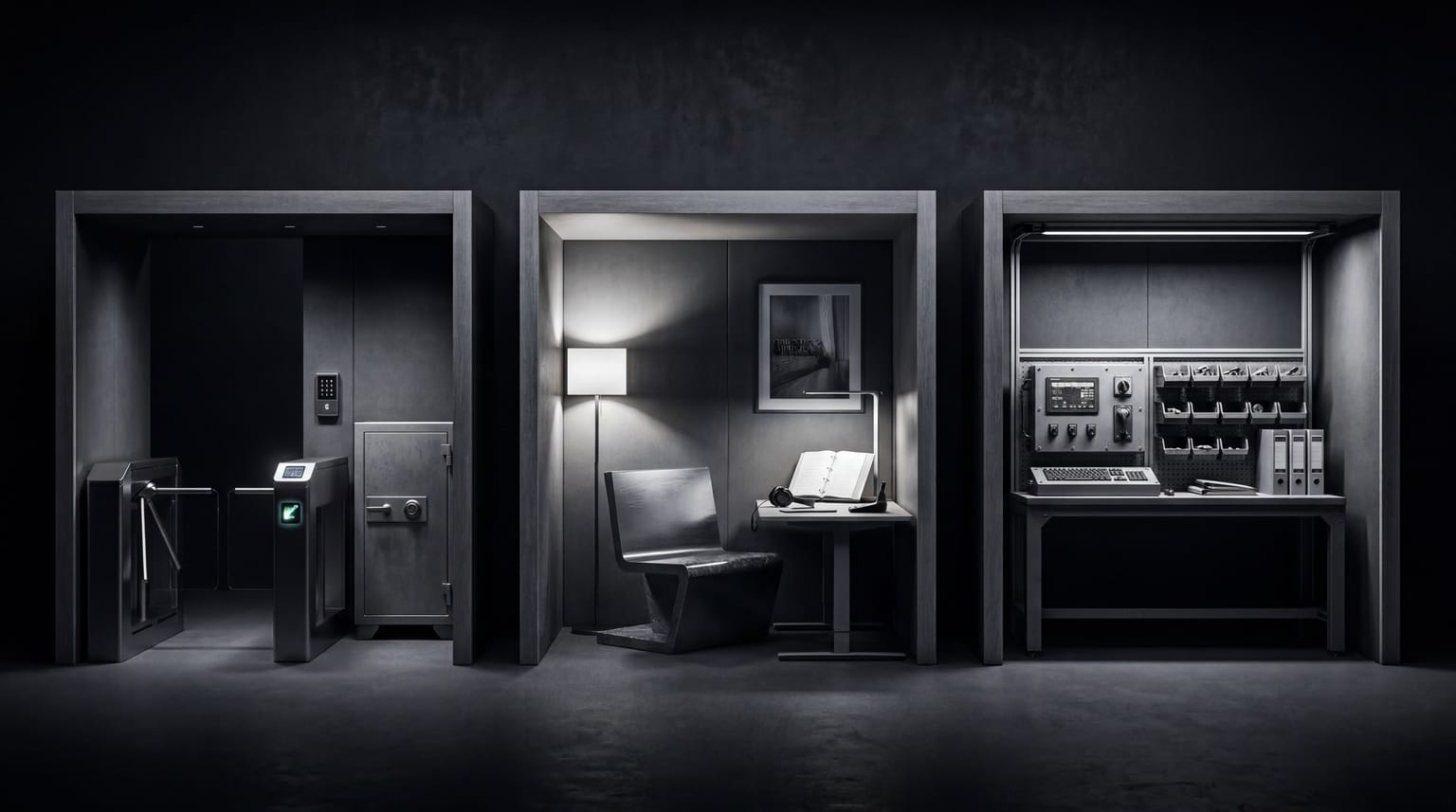 Three illuminated enterprise leadership stations for access control, coaching, and workflow execution in black and white