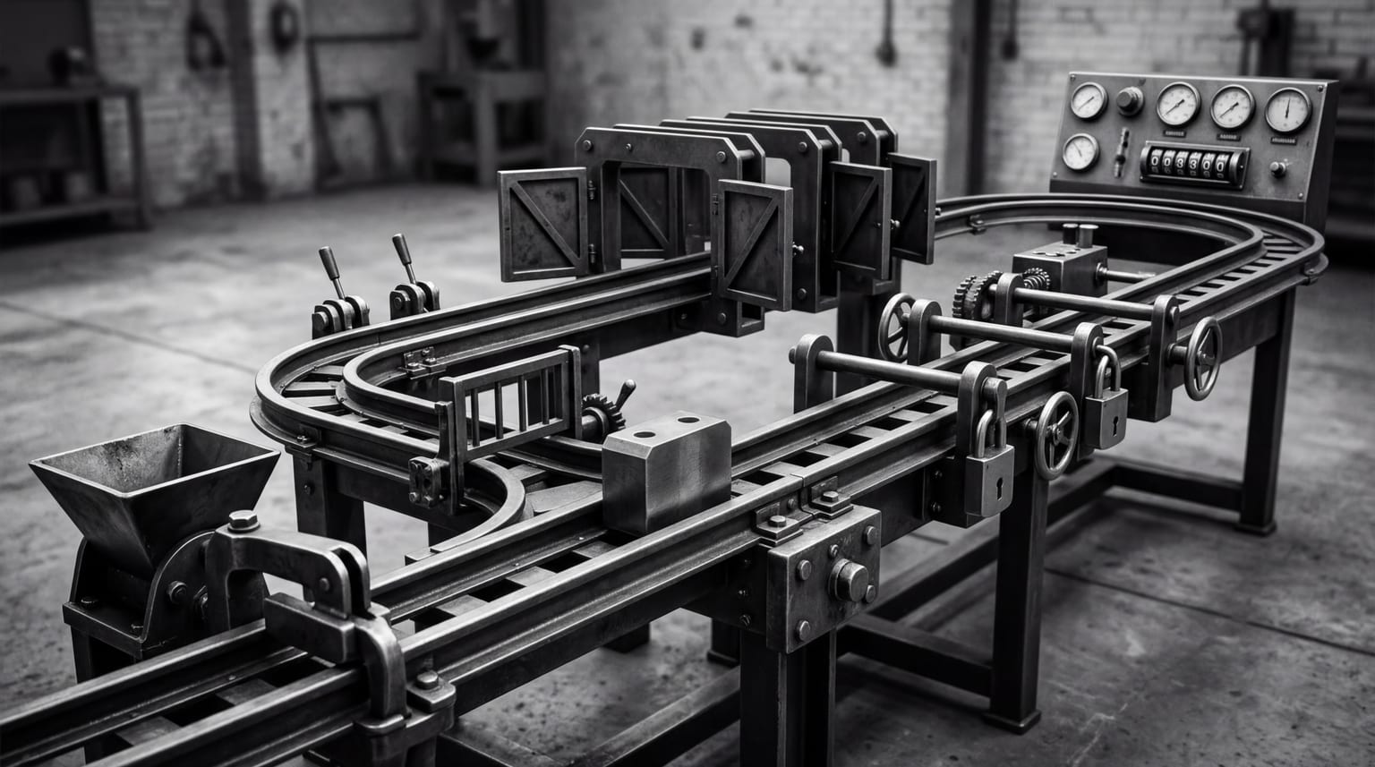 Freestanding operating-model apparatus with one continuous track through multiple control stations in black and white