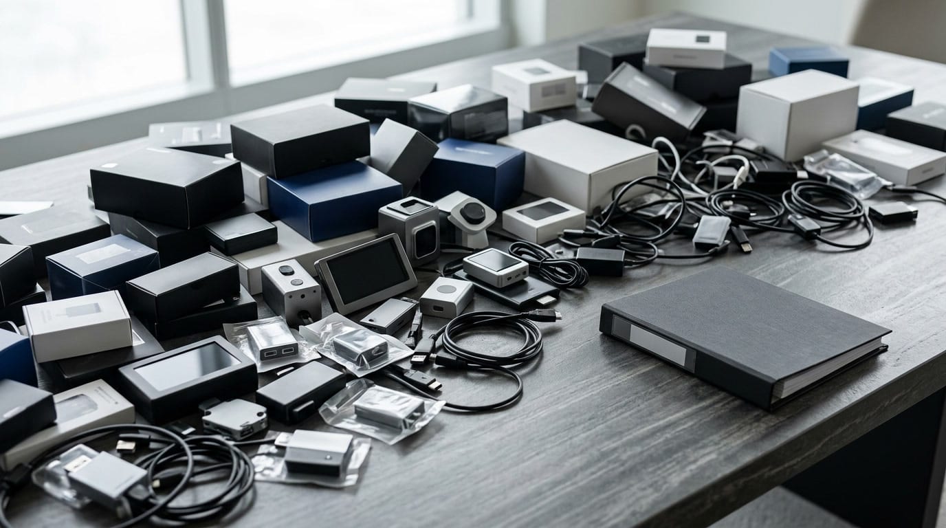 Cluttered comparison surface of disconnected AI tools and accessories beside an ignored operating binder