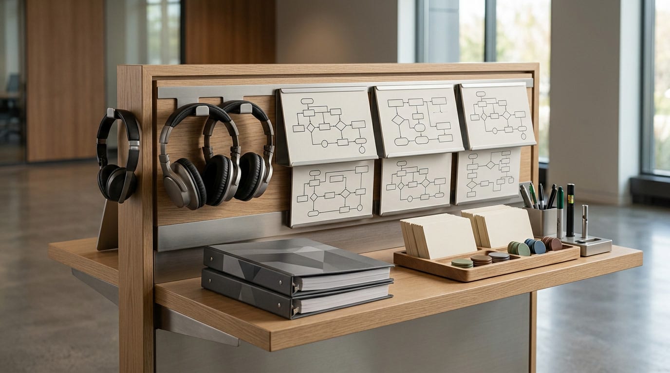 Structured enablement station with headsets, workflow boards, binders, and review tokens
