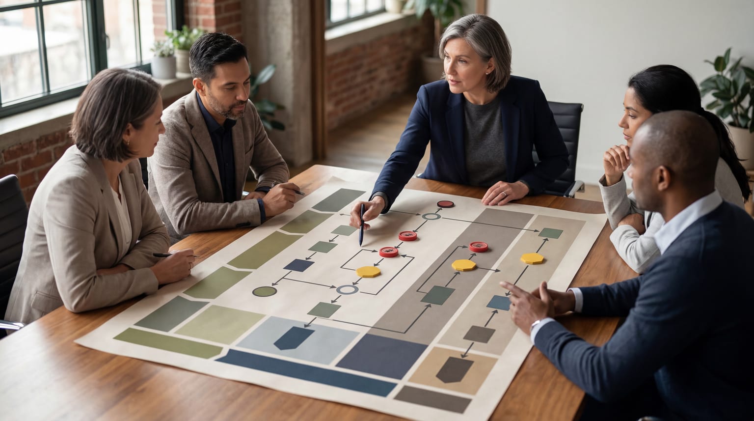 Cross-functional team reviewing a workflow canvas with human approval checkpoints